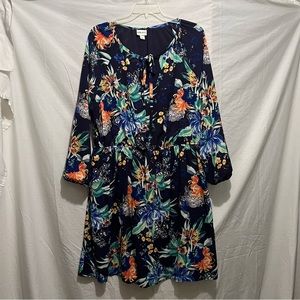 Blue long sleeve tropical print cinch waist dress